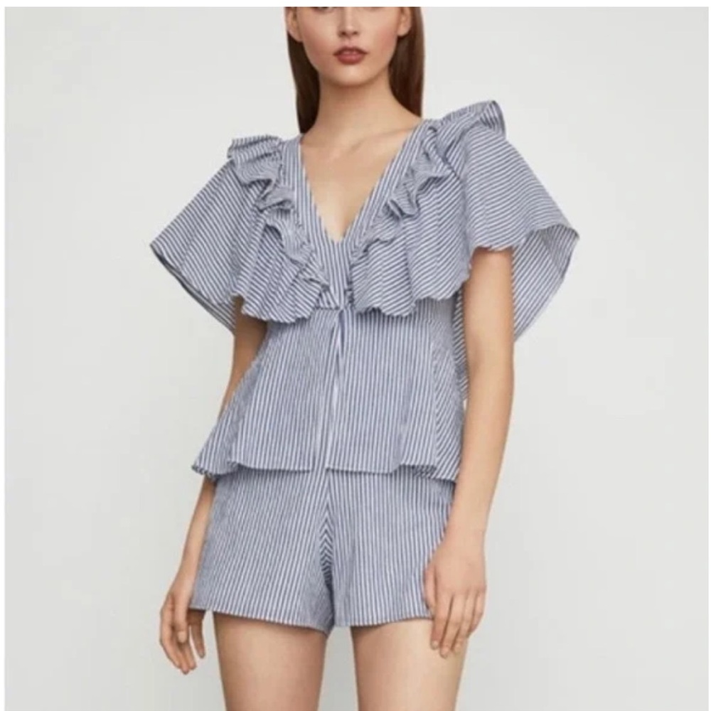 BCBGMAXAZRIA Blue Stripe Ruffle Off Shoulder Romper Coastal Chic XS